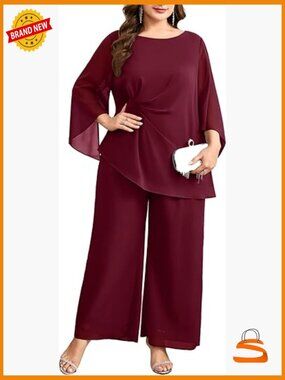 Plus Size Chiffon Pant Suit Set Asymmetric Top Wide Leg Pants Wedding Guest